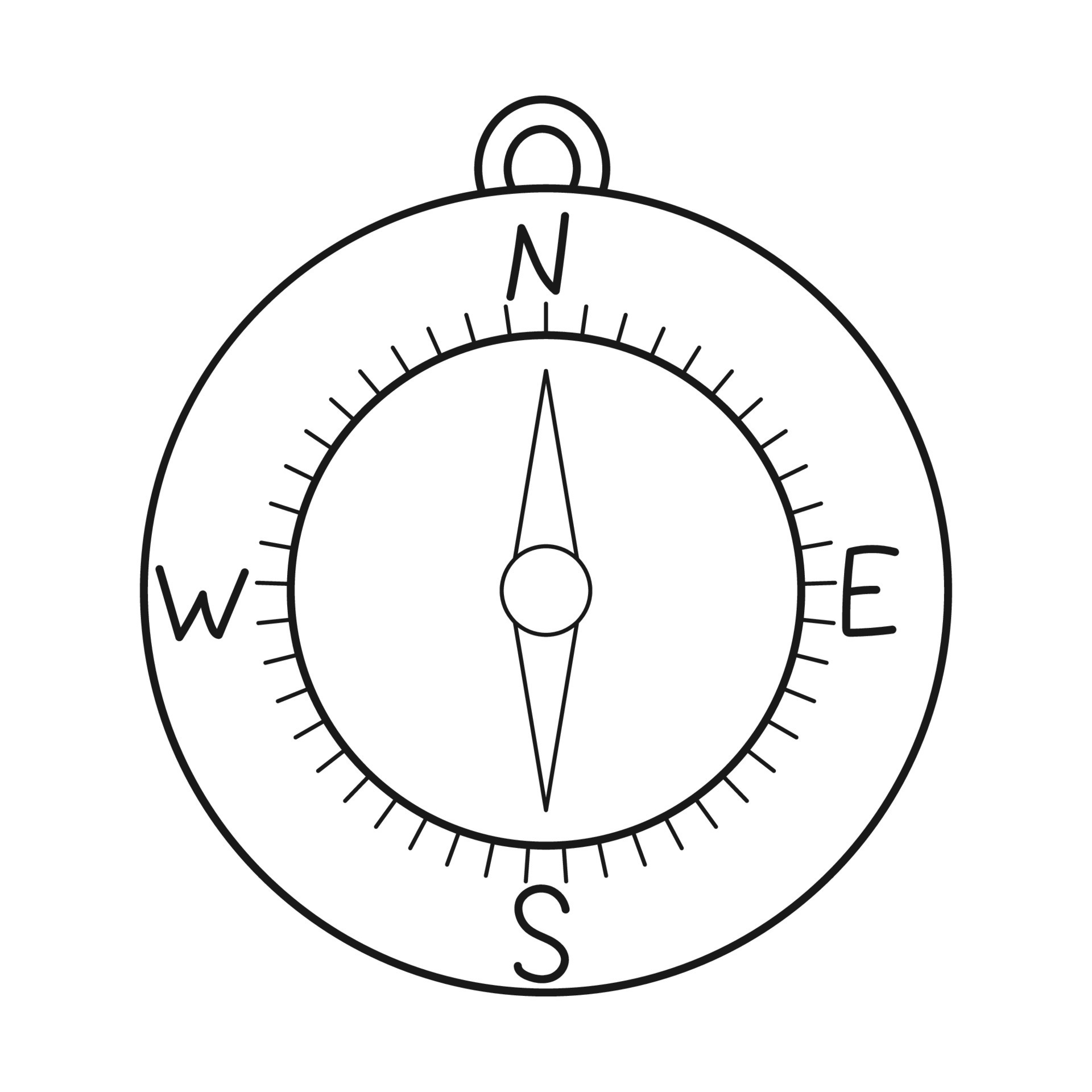 doodle-magnetic-compass-navigation-tool-equipment-for-tourism-travel-hiking-outline-black-and-white-illustration-isolated-on-a-white-background-vector